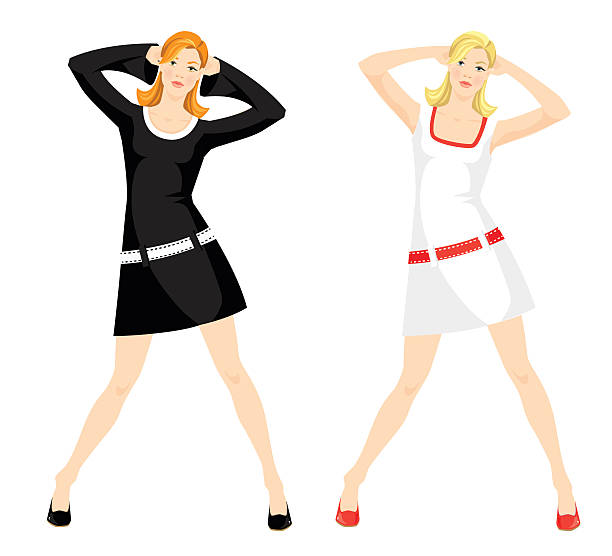 Young girl in clothes in sixties style Vector illustration of young girl isolated on white background. Clothes in sixties. Redhead woman in black dress with white belt and black shoes. Blonde girl in white dress with red belt and red shoes 60s style dresses stock illustrations