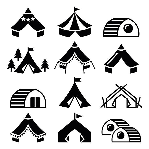 glamping -, luxuriöse campingplätze zelten und bambu häusern symbole satz - indianerzelt stock-grafiken, -clipart, -cartoons und -symbole