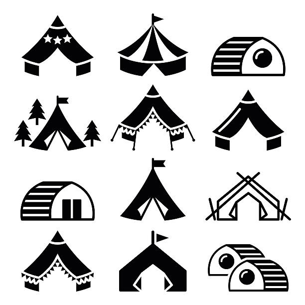 ilustraciones, imágenes clip art, dibujos animados e iconos de stock de camping de lujo, los campamentos de tiendas y bambu conjunto de iconos de casas - teepee