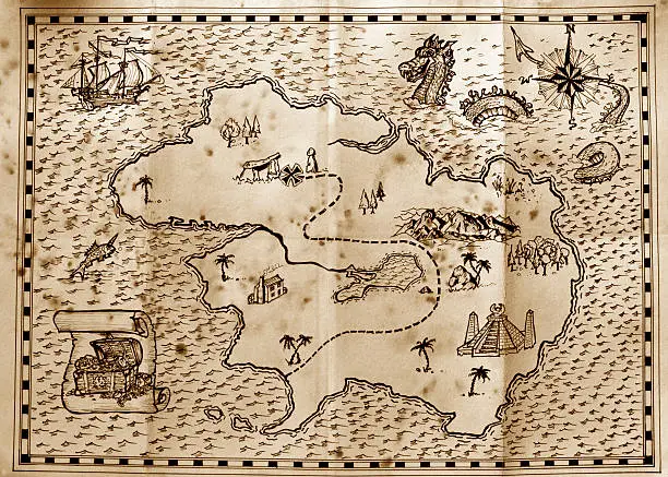 Old treasure map used by pirates to find hidden treasure
