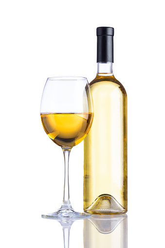 Glass and Bottle White Wine isolated on white background with reflection