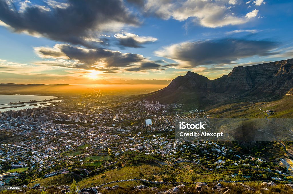 Table Mountain cloudy sunrise Capture from lions head Sunrise - Dawn Stock Photo
