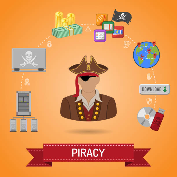 ilustrações de stock, clip art, desenhos animados e ícones de conceito de pirataria e contrafacção pirata - computer software cd computer laptop