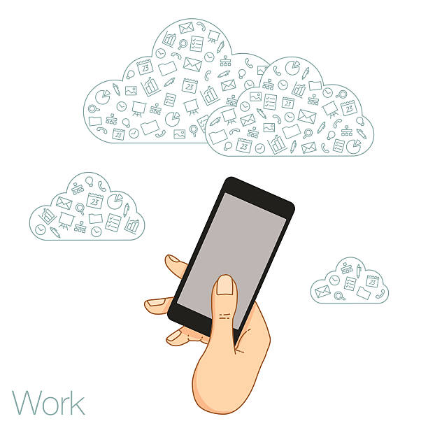 ilustraciones, imágenes clip art, dibujos animados e iconos de stock de la demostración para aplicaciones de presentación de comprimido - cloud computing human hand cloud cloudscape