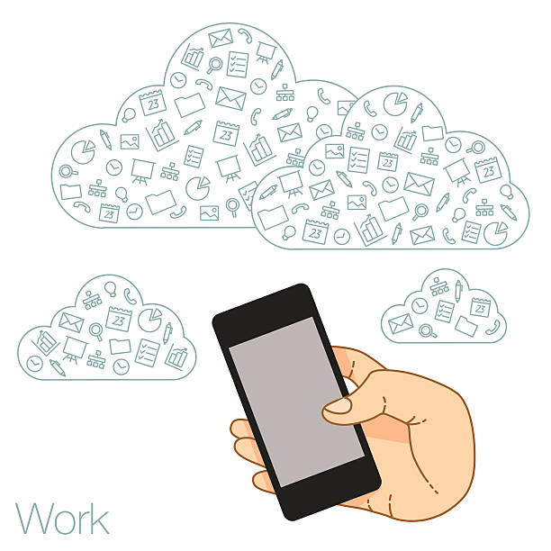 ilustraciones, imágenes clip art, dibujos animados e iconos de stock de la demostración para aplicaciones de presentación de comprimido - cloud computing human hand cloud cloudscape