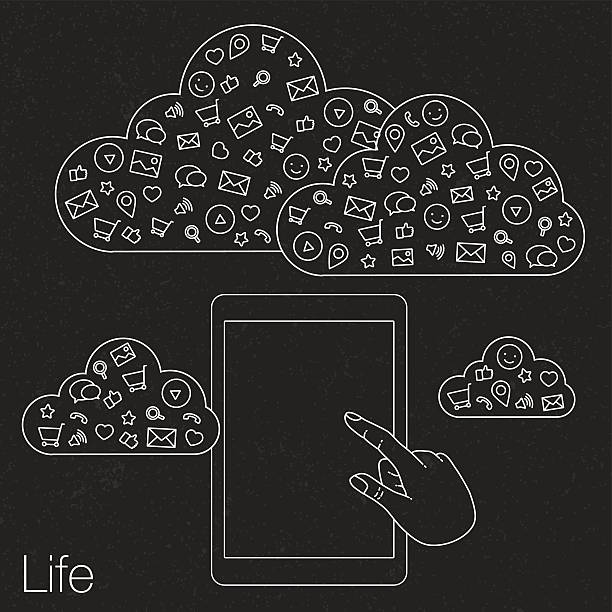 wykazanie ekranie tabletu do prezentacji aplikacji - cloud computing human hand cloud cloudscape stock illustrations