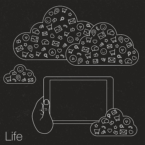 wykazanie ekranie tabletu do prezentacji aplikacji - cloud computing human hand cloud cloudscape stock illustrations
