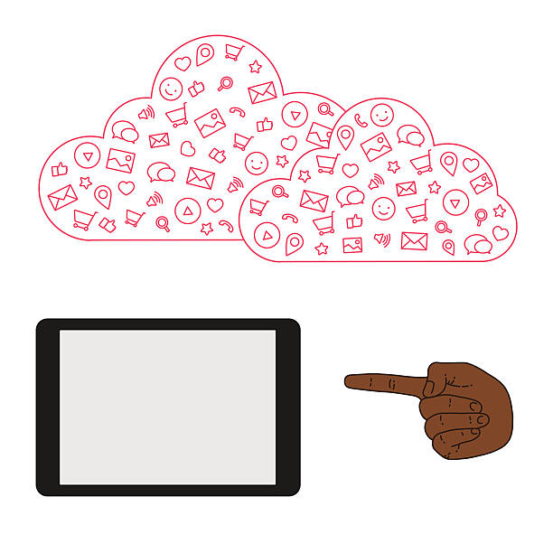 wykazanie ekranie tabletu do prezentacji aplikacji - cloud computing human hand cloud cloudscape stock illustrations