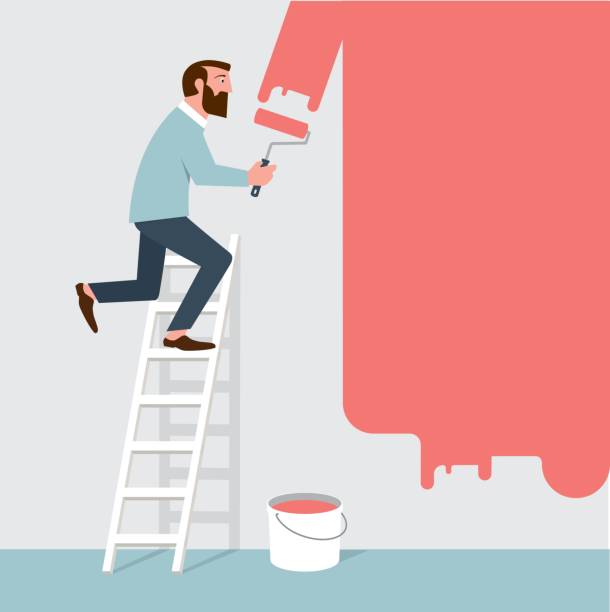 Red paint Vector illustration of a man painting a red wall house painter ladder paint men stock illustrations