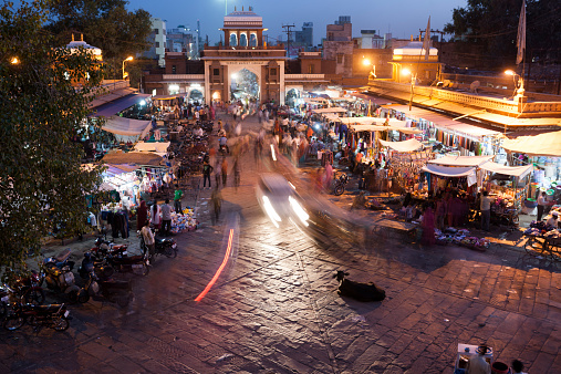 A view of a Jodhpur market, at night, viewed from above. Jodhpur, Rajasthan, India. 