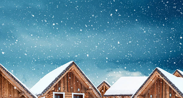 Roof covered with snow on a snowy winter day. Copy space.