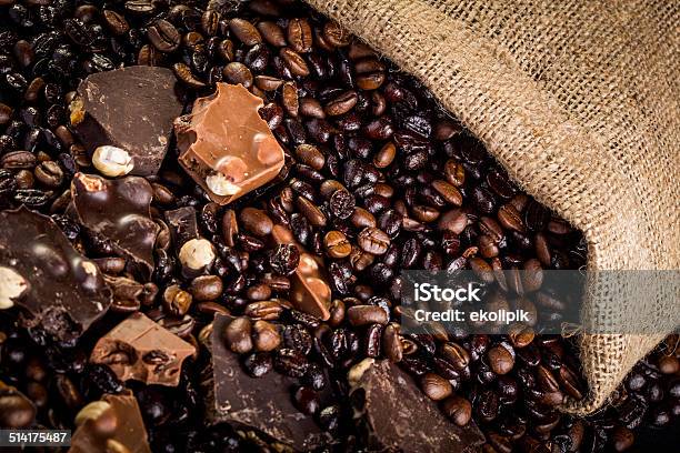 Coffee Beans And Chocolate In Burlap Sack Stock Photo - Download Image Now - Breakfast, Brown, Burlap