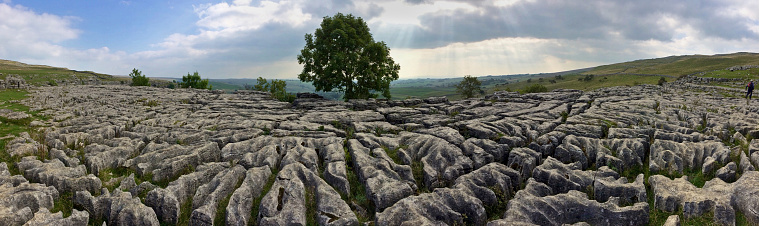 Panoramic landscape of Malham Cove and its dramatic Limestone pavement in the North Yorkshire Dales