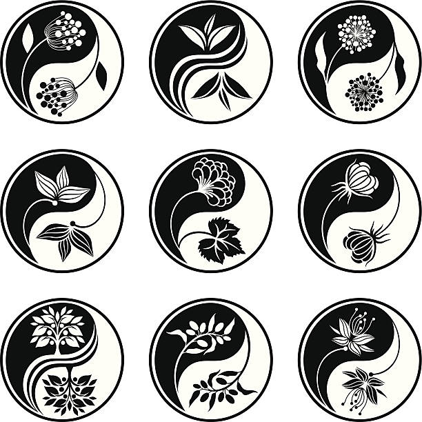 цветочным рисунком yin yang - yin yang symbol taoism herbal medicine symbol stock illustrations