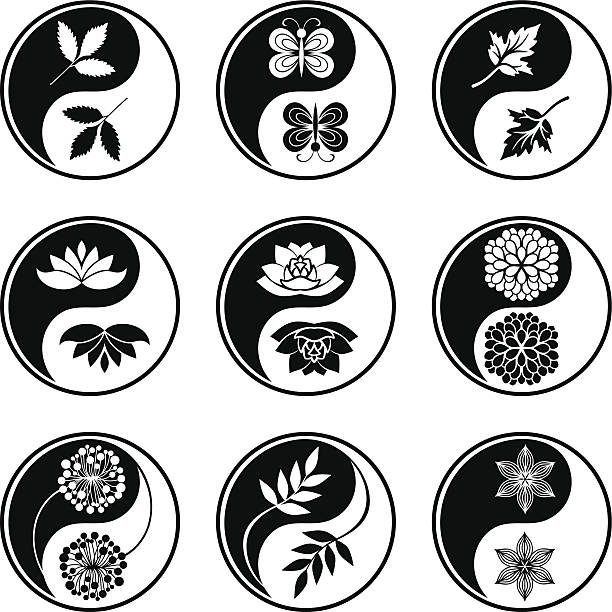 инь ян символов - yin yang symbol taoism herbal medicine symbol stock illustrations