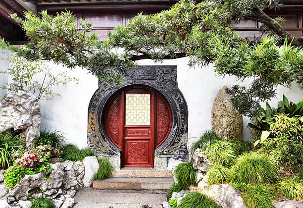 Round doorway in ancient Yu Yuan Garden in Shanghai, China