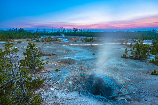 Norris Geyser Basin after Sunset Norris Geyser Basin after Sunset Yellowstone National Park norris geyser basin photos stock pictures, royalty-free photos & images