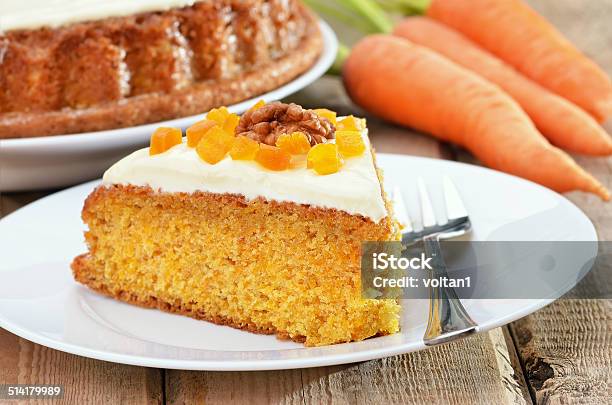 Piece Of Carrot Cake With Icing Stock Photo - Download Image Now - Baked Pastry Item, Carrot, Horizontal