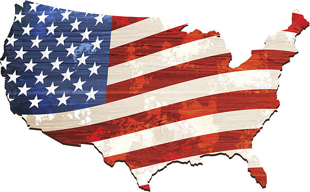 ilustraciones, imágenes clip art, dibujos animados e iconos de stock de bandera usa mapa de madera estilo - mapa de los estados unidos y la bandera estadounidense