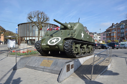 Bastogne, Belgium, April 10, 2014: Tank commemorating second world war on the main square of bastogne, belgium.