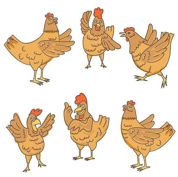 Vector illustration of Silly cartoon Chickens Set