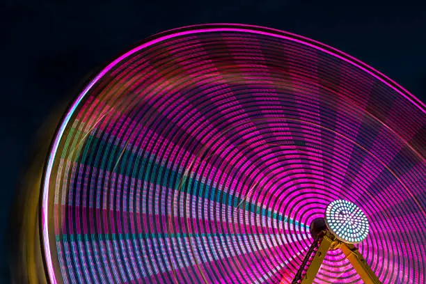 A long exposure of a ferris wheel in motion at night.