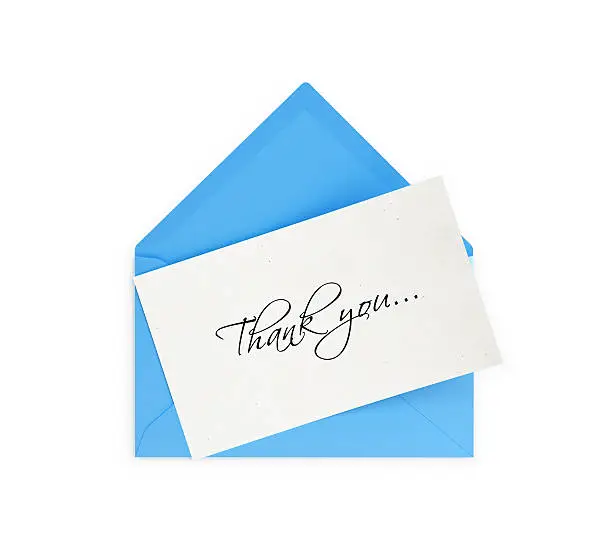 Blue envelope and thank you note. Isolated on white background. Clipping path is included.