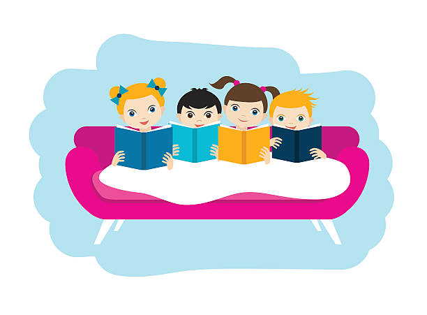 ilustraciones, imágenes clip art, dibujos animados e iconos de stock de poco lindo grupo de tres niños leyendo un libro - family sofa vector illustration and painting