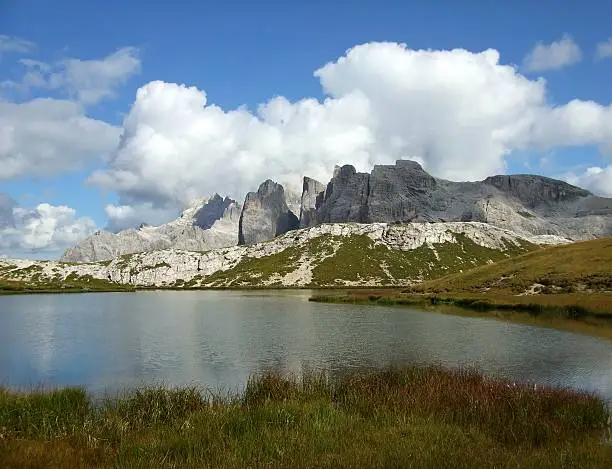 Dolomites in summer, landscape with lake.