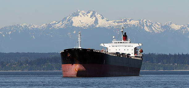 cargo ship in bay stock photo