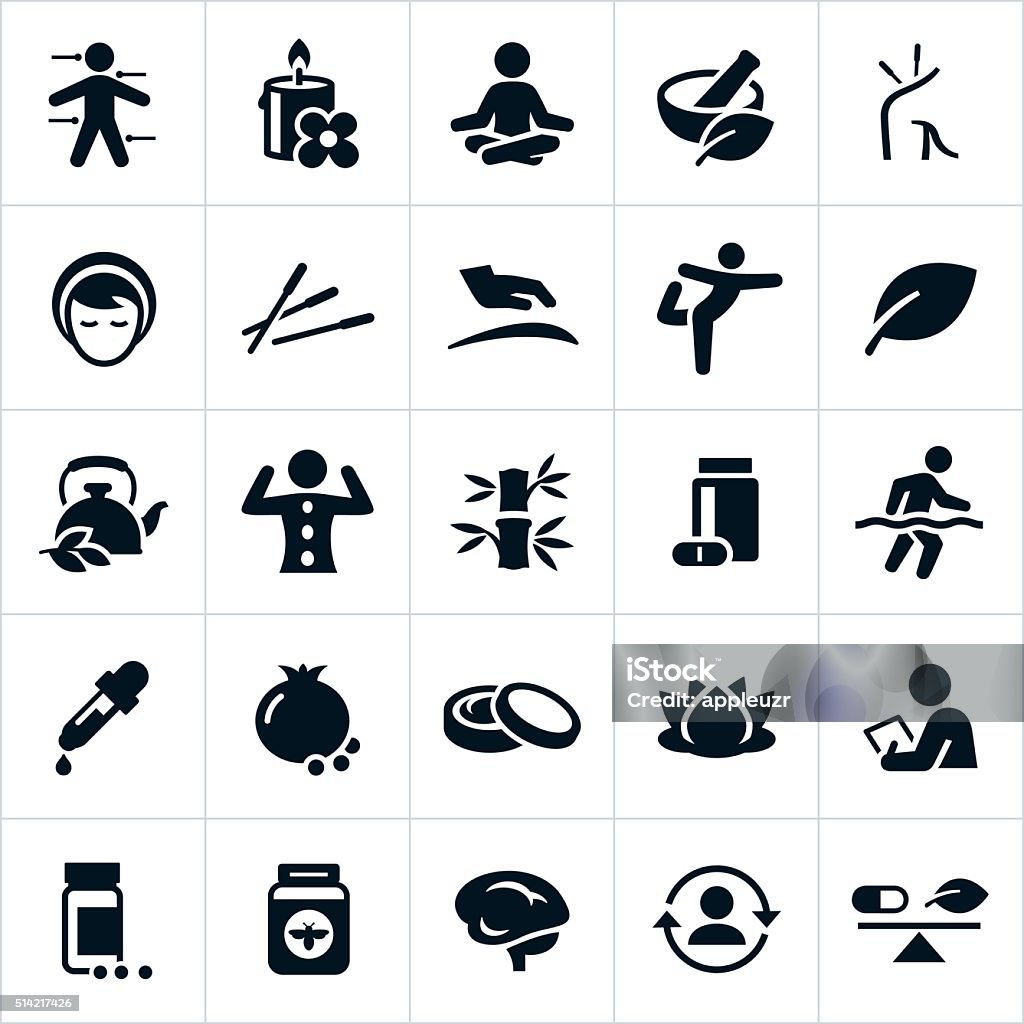 Alternative Medicine Icons Icons related to alternative medicine. The icons include therapies such as homeopathy, naturopathy, hydrotherapy, aromatherapy, meditation, yoga and massage therapy. Symbols used to illustrate these different types of therapies include candles, meditation, organic medicine, acupuncture, spa treatments, message, yoga, natural foods, tea, vitamins, creams, and other related items. Icon Symbol stock vector