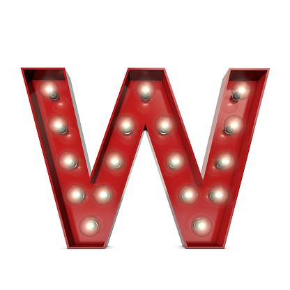 Showbiz style capital letter on a plain white background. The Letter is red with illuminated glowing lightbulbs. The style of the letter is a retro movie theatre design.