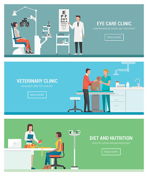 Healthcare and clinics Healthcare and clinics banners set: optician and eye examination, veterinary animal clinic and dietitian with patient patience illustration stock illustrations