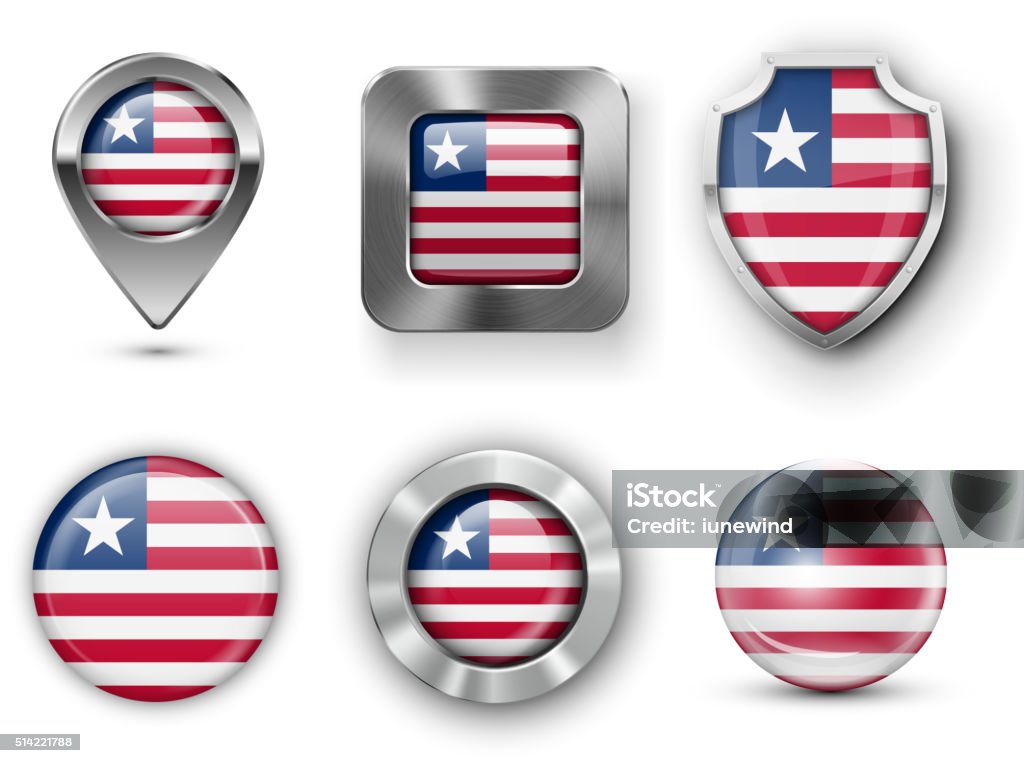 Country Flag Bages Liberia  Metal and Glass Flag Badges, Buttons, Map marker pin and Shields. Vector illustrations Badge stock vector