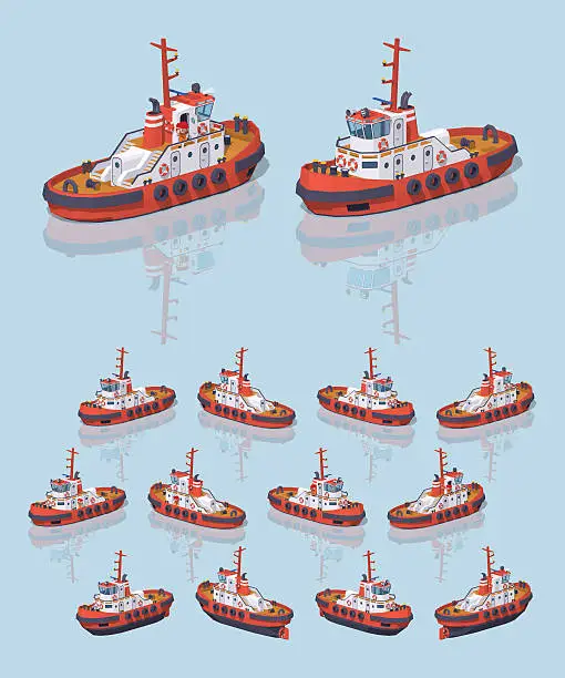 Vector illustration of Low poly red and white tugboat