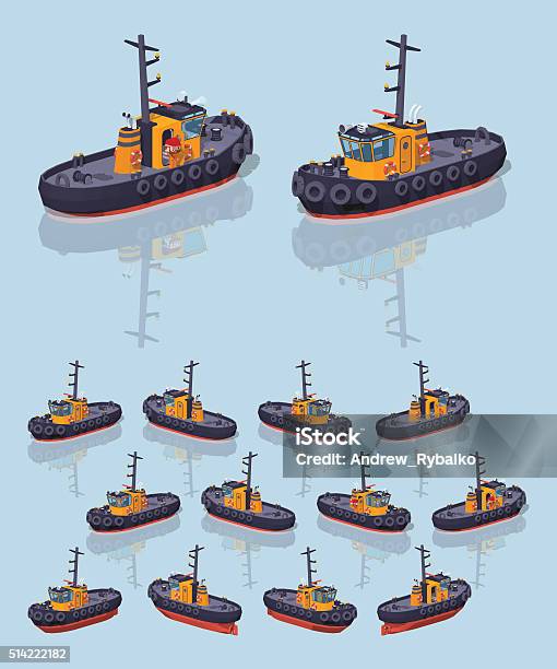 Low Poly Orange And Black Tugboat Stock Illustration - Download Image Now - Tugboat, Isometric Projection, Illustration