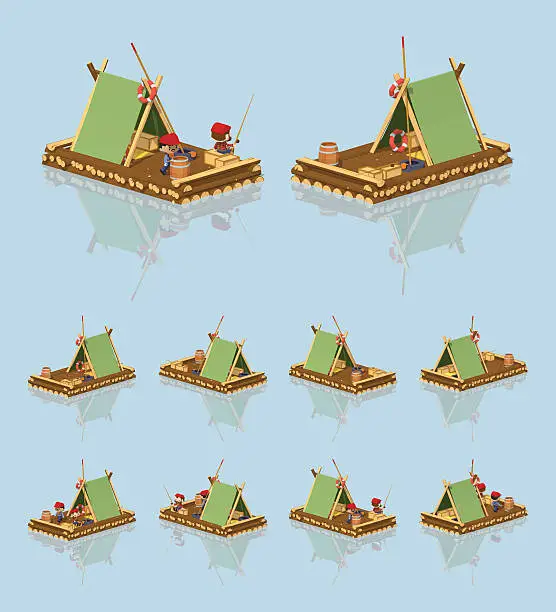 Vector illustration of Low poly wooden raft