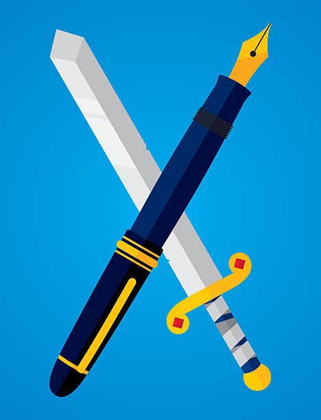 ilustraciones, imágenes clip art, dibujos animados e iconos de stock de bolígrafo vs. espada - the pen is mightier than the sword