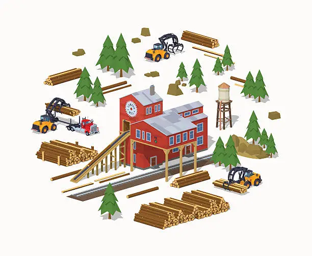 Vector illustration of Lumber mill. Sawmill building