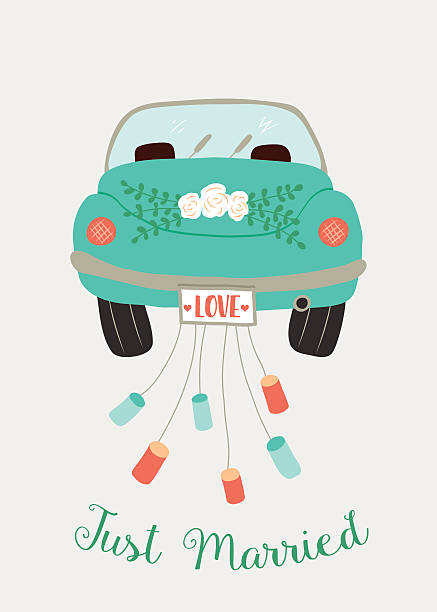 wedding car vecor illustration of a cute wedding car decorated with roses and Just married text wedding cartoon stock illustrations