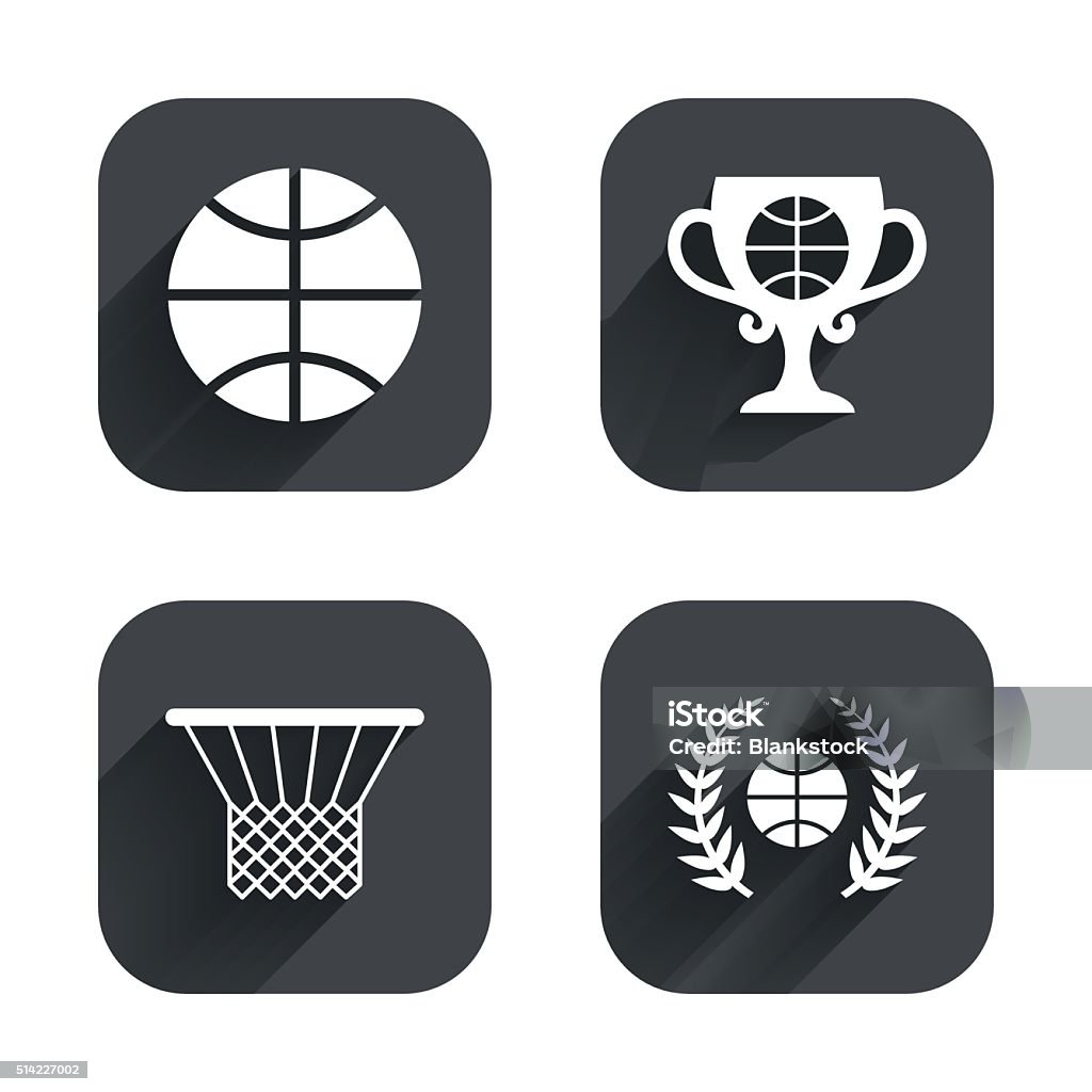 Basketball icons. Ball with basket and cup symbols. Basketball sport icons. Ball with basket and award cup signs. Laurel wreath symbol. Square flat buttons with long shadow. Award stock vector