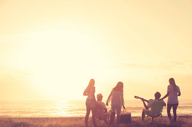 gruppo di amici di relax sulla spiaggia. - friendship drinking beer group of people foto e immagini stock