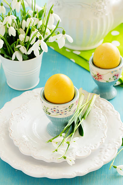 istock Easter eggs and snowdrops on the holiday table. 514227812