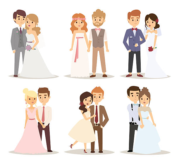 ilustraciones, imágenes clip art, dibujos animados e iconos de stock de pareja de novios ilustración de vectores - veil bride human face wedding