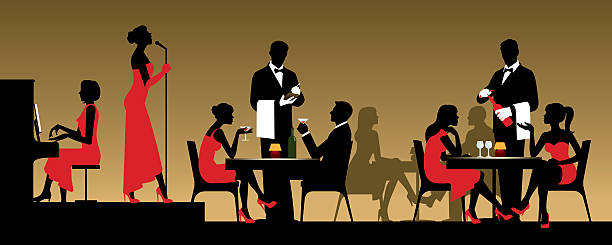 ilustrações de stock, clip art, desenhos animados e ícones de pessoas na noite clube ou restaurante sentado em uma tabela - eating silhouette men people