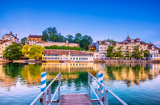 Jetty at the Limmat River in Zurich at sunrise