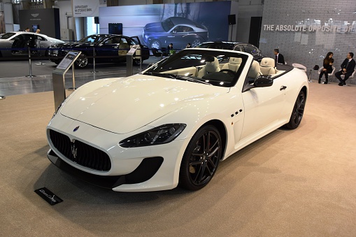 Poznan, Poland - April 9th, 2015: The presentation of supercar Maserati GranCabrio on the motor show. This model is one of the most expensive cabriolets on the European market.