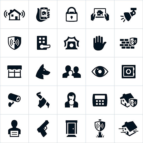 Home Security Icons Icons related to home security. The icons represent different methods used in keeping a home secure from burglary or break in. Icons include home alarm, locks, lights, law enforcement, security, watch dog, family, safe, security camera, home monitoring, criminal and gun to name a few. burglar stock illustrations