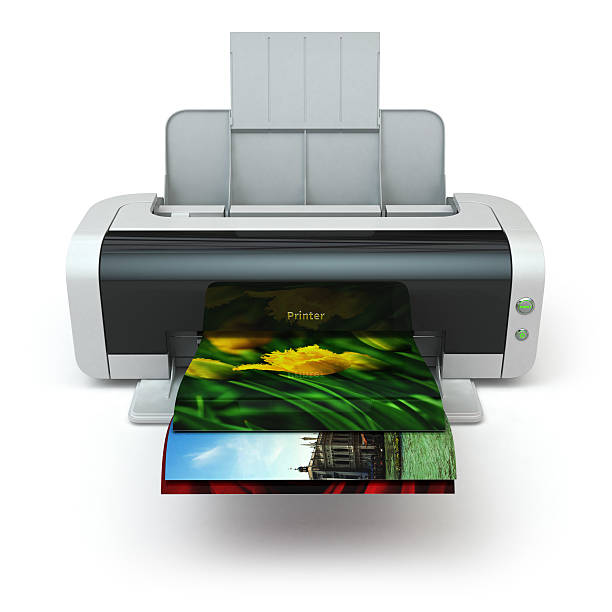 stampante a colori stampa di foto isolato su sfondo bianco. - inkjet foto e immagini stock