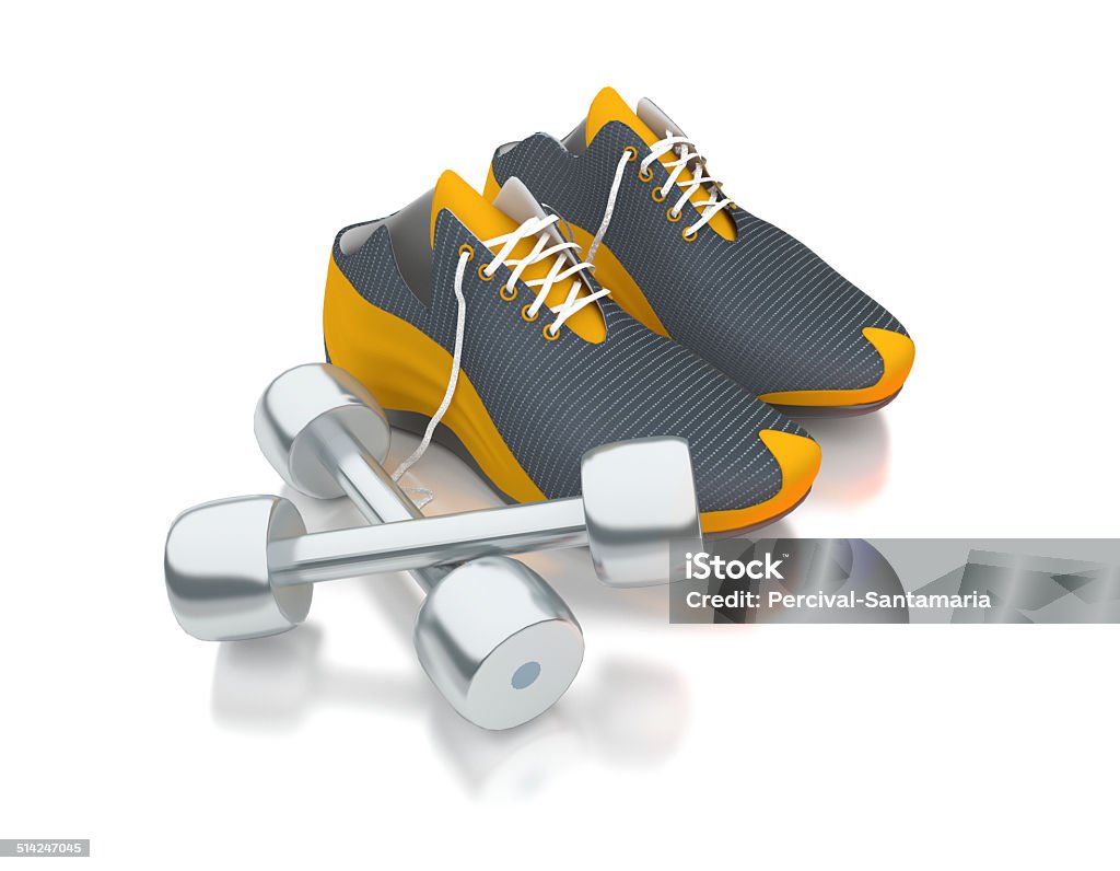 Fitness - Exercise A pair of running shoes with a set of dumbbells.  (High resolution 3d render) Anaerobic Exercise Stock Photo